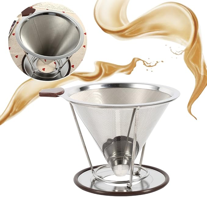 304 Stainless Steel Coffee Cone Filter, Double Layer Mesh Drip Dripper, Reusable Portable Coffee Filter Holder for Cups Mugs, Cup of Coffee with Rich Flavor and Aro