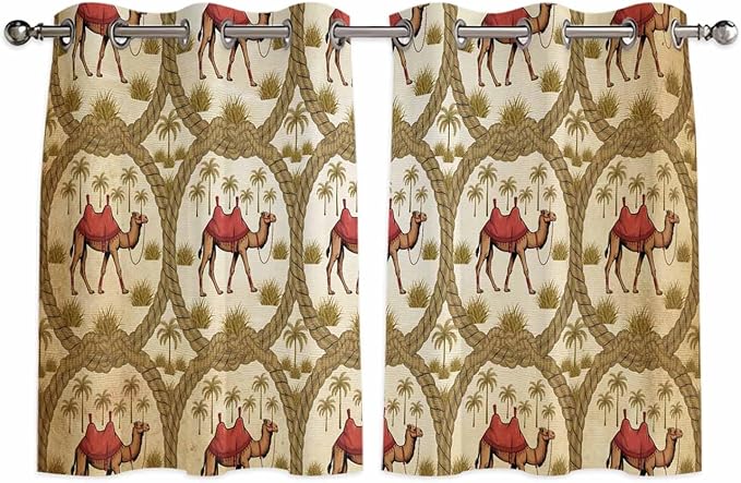 2 Panel Kitchen Cafe Curtains, Brown Desert Camels Sunlight Filtering Nature Air Through, Window Decor Tier Curtains for Living Room 104W x 52L inch Tropical Date Coconut Trees Cords Leaves