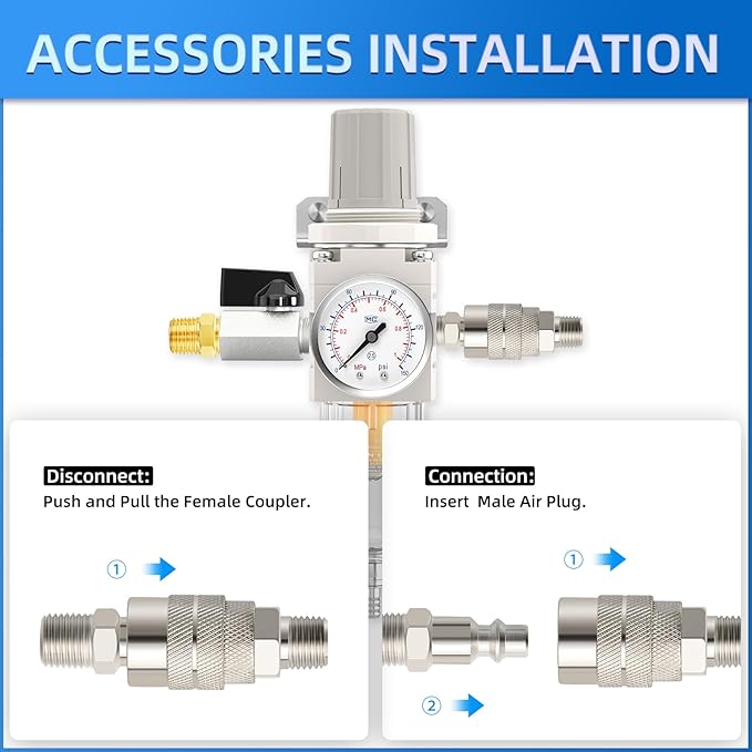 1/4" NPT Air Drying System, 5 Micron Air Line Filter with 150 PSI Gauge and Valve Shut Off Switch for Plasma Cutter and Paint Spray, Manual Drain