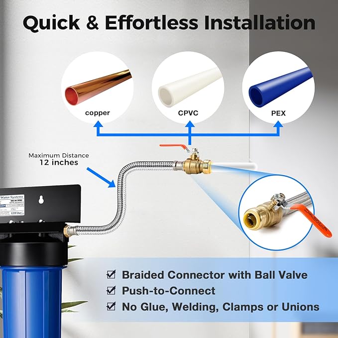 iSpring WGB22B-KS+AHPF12MNPT16X2 2-Stage Whole House Water Filter System w/ 3/4'' Push-Fit Stainless Steel Hose Connectors, Reduces Sediment, Heavy Metals, Chlorine, Chloramine, Hydrogen Sulfide