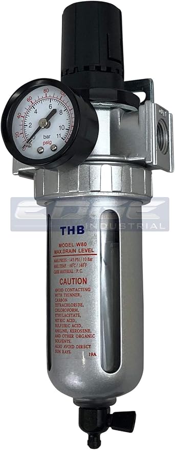 IN-LINE COMPRESSED AIR FILTER REGULATOR COMBO PIGGYBACK, POLY BOWL AND METAL BOWL GUARD, 5 MICRON ELEMENT, ADJUSTABLE FROM 7 TO 145 PSI (1/4" NPT)