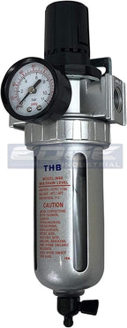 IN-LINE COMPRESSED AIR FILTER REGULATOR COMBO PIGGYBACK, POLY BOWL AND METAL BOWL GUARD, 5 MICRON ELEMENT, ADJUSTABLE FROM 7 TO 145 PSI (3/8" NPT)