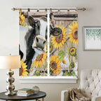 Retro Farmhouse Flower Bathroom Curtains 63 Inch Length, Window Curtains Tab Top, Yellow Sunflowers Cow Barn Doors Brown Light Filtering Window Treatments Drapes 52"x63" 2 Panel