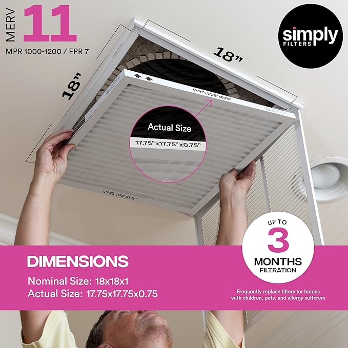 Simply 18x18x1 Air Filter, MERV 11, 12 Pack, For Home AC Furnace & HVAC (Actual Size: 17.75"x17.75"x0.75") DUST, Pet, & Allergy Control