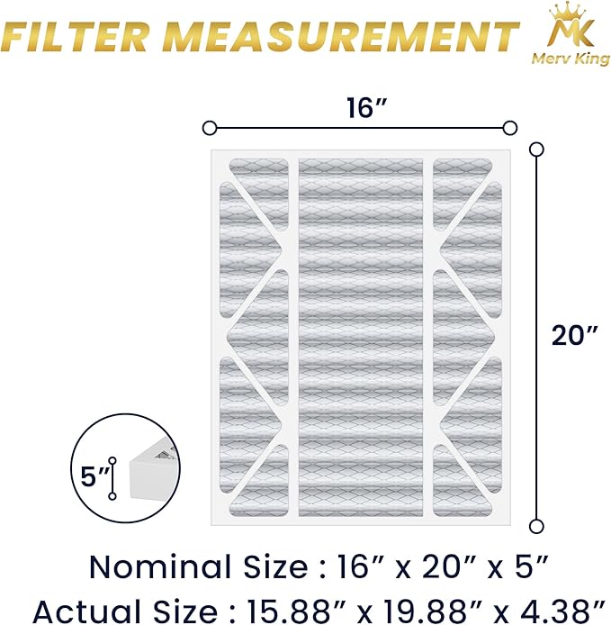MervKing 16x20x5 Air Filter Actual Size: 15.88" x 19.88" x 4.38" MERV 8 MPR 600-700 | MADE IN USA | 2-Pack | Pleated HVAC AC Furnace Replacement