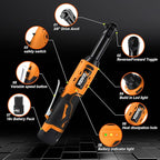 3/8" Cordless Electric Ratchet Wrench Set, 18V Power Ratchet Tool Kit With 2 Packs 2000mAh Battery And Charger, 45 FT-LBS Battery Powered Extended Wrench with LED Lights (18 V Extended Orange)