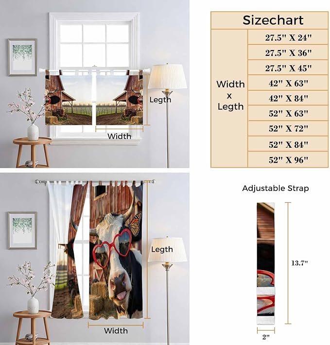 Farm Cows Living Room Curtains 84 Inch Length, Window Curtains Tab Top, Farmhouse Barn Funny Animals Butterfly Light Filtering Window Treatments Drapes 52"x84" 2 Panel