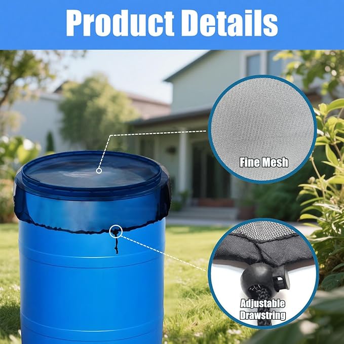 4 Pcs Rain Barrel Mesh Cover, 23.6 inch Water Collection Bucket Net with Adjustable Drawstring, Filter Screen for Outdoor Garden Rain Barrel Accessories, Prevent Fallen Leaves From Entering The Bucket