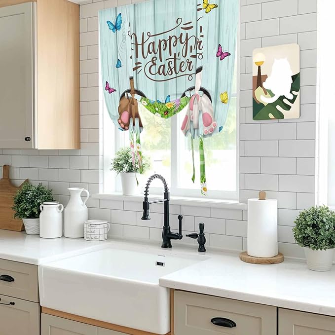 Tie Up Curtains,Happy Easter Bunny Butt Egg Floral Adjustable Rod Pocket Window Shade Curtain Drape Spring Plant on Aqua Wood Tie-Up Valance for Kitchen Bedroom Living Room Windows,42"x45"