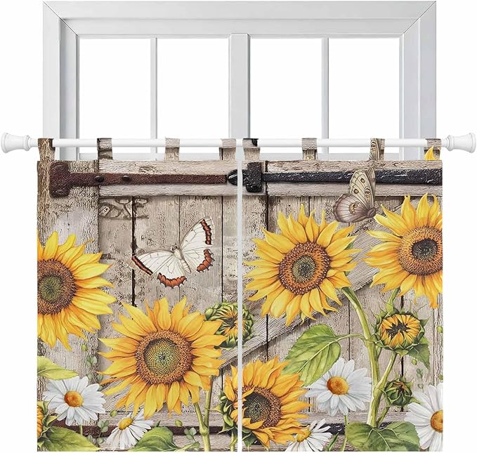 Farmhouse Sunflowers Kitchen Curtains 45 Inch Length, Short Cafe Window Curtains Tab Top, Rustic Barn Doors Flowers Butterfly Wooden Light Filtering Window Treatments Tier Drapes 27.5"x45" 2 Panel