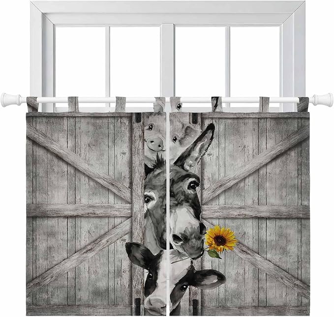 Funny Farm Animals Kitchen Curtains 45 Inch Length, Short Cafe Window Curtains Tab Top, Vintage Barn Grey Sunflowers Light Filtering Window Treatments Tier Drapes 27.5"x45" 2 Panel