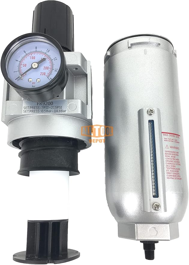 1" NPT SUPER DUTY Compressed Air In Line Filter Regulator Combo Piggyback, Metal Bowl, 5 Micron Element, Adjustable From 7 to 175 PSI (AUTO DRAIN)