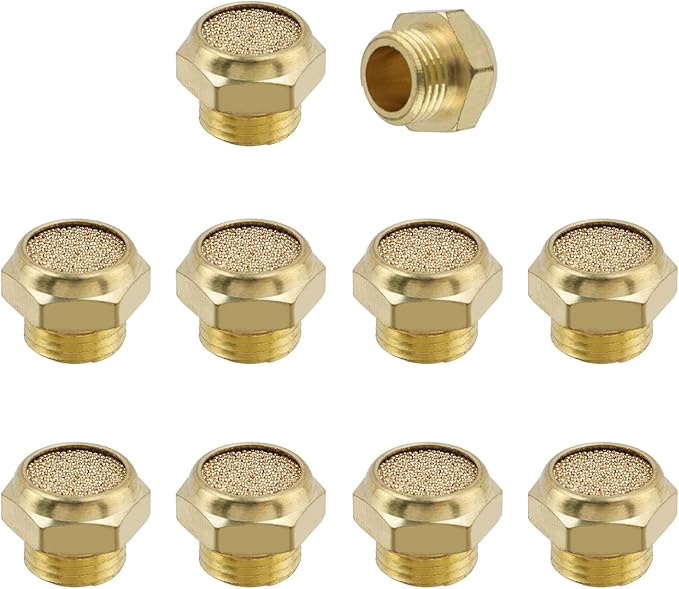 Wealrit 10 PCS Pneumatic Exhaust Mufflers, 1/8" Male Thread Hex Copper Air Muffler Silencer, 0.41" Length Industrial Muffler Filter Air Line Fitting for Compressed Air Systems, Valves, Cylinders
