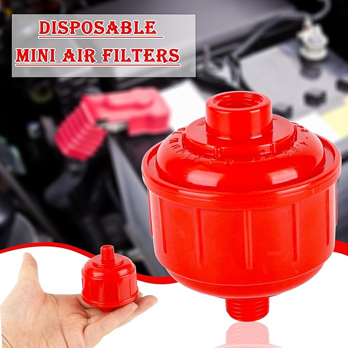 12 Pcs Disposable Mini Air Water Filters Red Air Line Filter Paint Gun Filter Removes Moisture Separator Standard 1/4 Inch Threads for Most Spray Guns and Air Tools