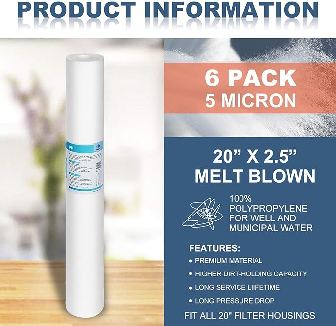 Membrane Solutions 1 Micron Sediment Water Filter Replacement Polypropylene Cartridge 20"x2.5" for Whole House Filter System - 6 Pack