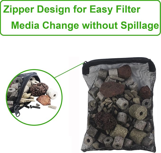 10 Pcs 3" x 8" Aquarium Filter Media Bags, Fish Tank Media Mesh Filter Net Bags for Activated Carbon, Ceramic Rings, Small Aquarium Ceramics Pouch Reusable Bags with Zipper, Black.
