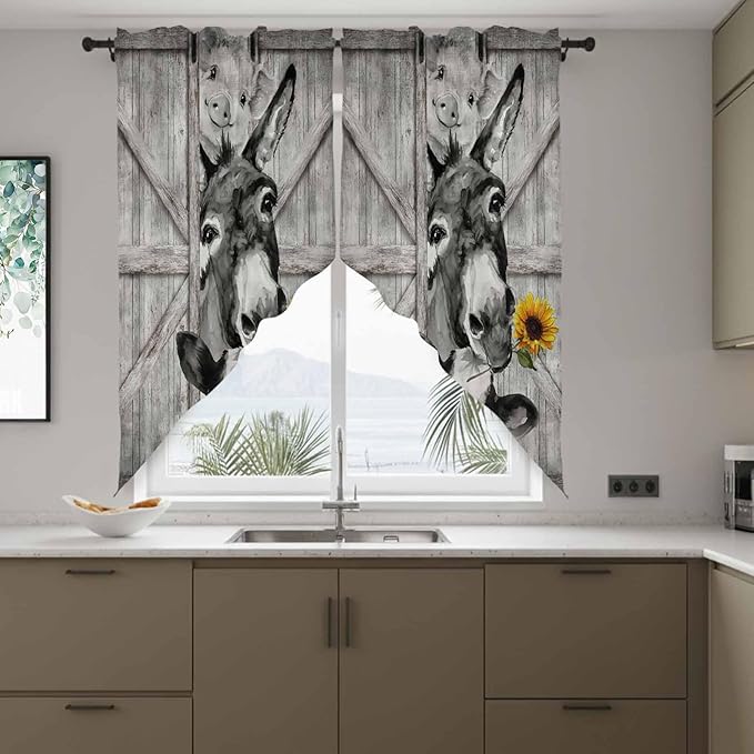 Funny Farm Animals Swag Valances for Windows, Vintage Barn Grey Sunflowers Rod Pocket Kitchen Curtains Valance, Small Window Curtains Swag for Cafe Bathroom Living Room, 2 Panels, 28x36 inch