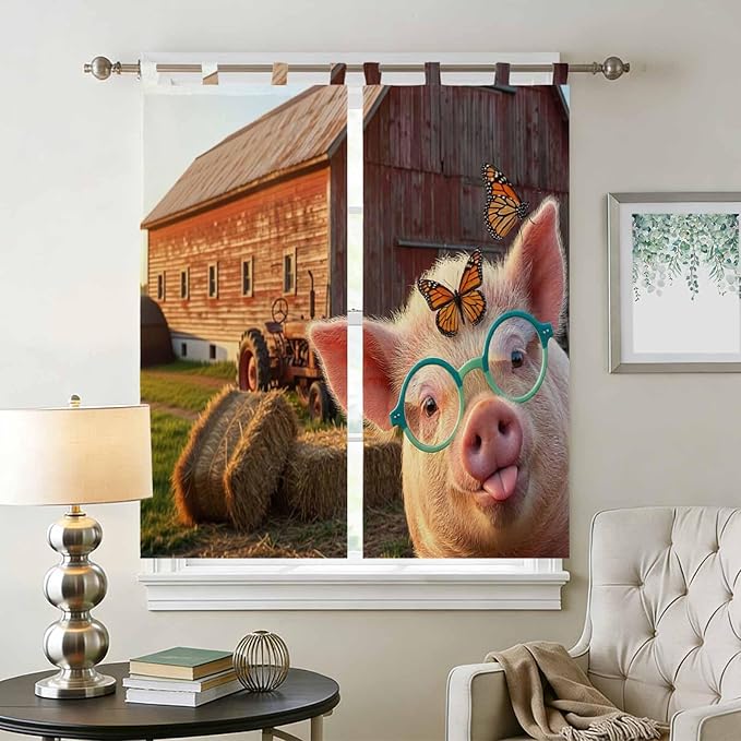 Farm Pig Bedroom Curtains 72 Inch Length, Window Curtains Tab Top, Farmhouse Barn Funny Animals Butterfly Light Filtering Window Treatments Drapes 52"x72" 2 Panel