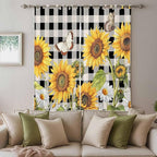 Sunflowers Living Room Curtains 84 Inch Length, Window Curtains Tab Top, Yellow Flowers Butterfly Farmhouse Black Plaid Light Filtering Window Treatments Drapes 52"x84" 2 Panel