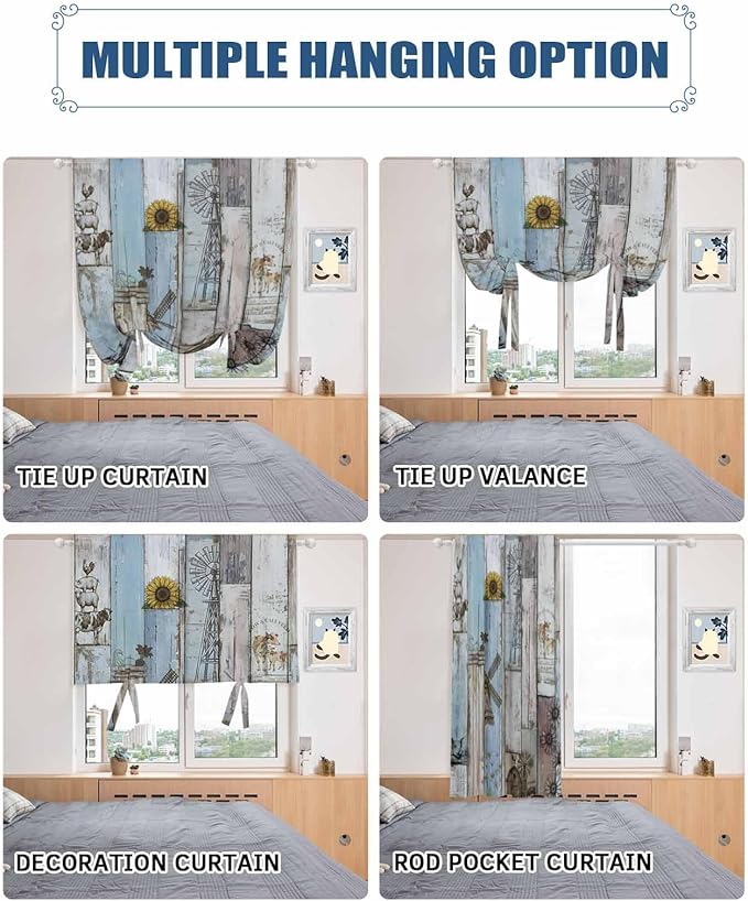 Tie Up Curtains for Windows, Blue Grey Wooden Adjustable Balloon Nature Linen Textured Kitchen Curtain, Farmhouse Barn Sunflowers Retro Tie Up Blackout Curtains for Bedroom, 52 x 63 Inches