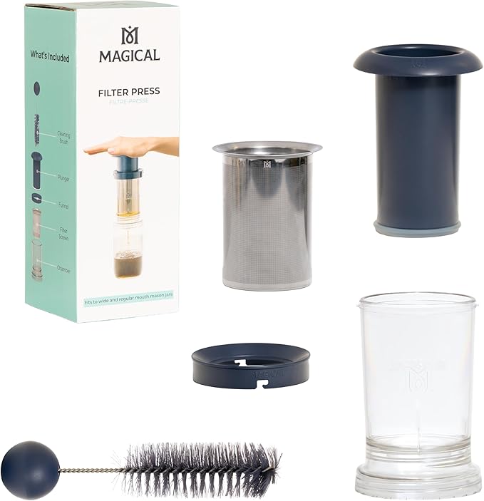 Magical Butter Filter Press – Stainless Steel Strainer System for Mason Jars – Mess-Free Filtering of Oils, Butters, Stocks & Herbal Infusions with Plunger & Cleaning Brush