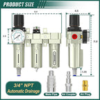 Industrial Grade 3-Stage Air Drying System,3/4" NPT with Auto Drain,Desiccant Dryer,Air Regulator,Particulate Filter and Coalescing Filter for Paint Spray,Plasma Cutter