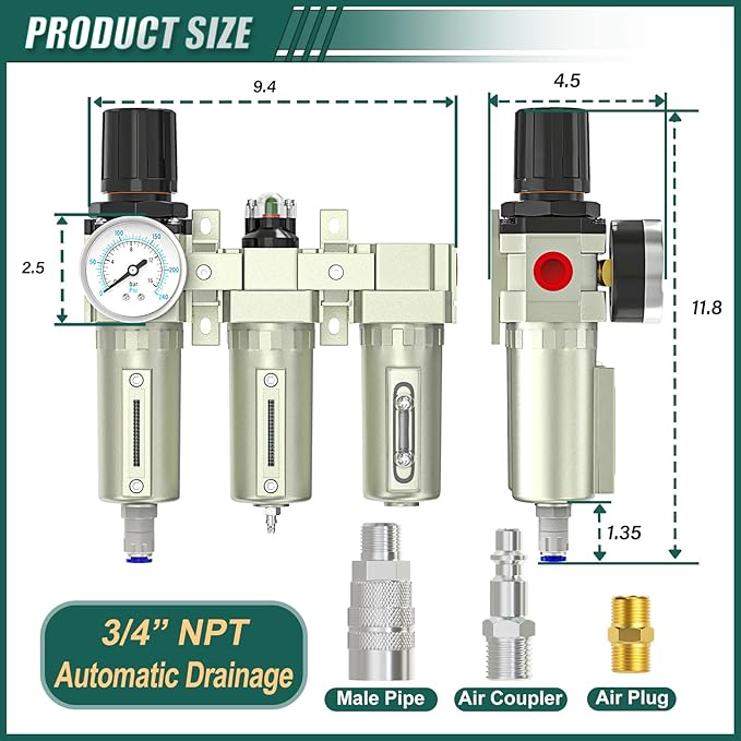 Industrial Grade 3-Stage Air Drying System,3/4" NPT with Auto Drain,Desiccant Dryer,Air Regulator,Particulate Filter and Coalescing Filter for Paint Spray,Plasma Cutter