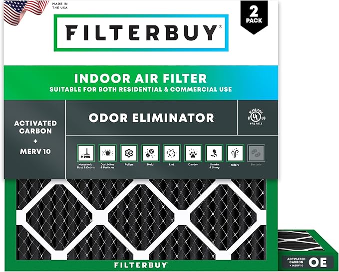 Filterbuy 14x14x1 Air Filter MERV 10 Odor & Allergy Defense with Activated Carbon (2-Pack), Electrostatic Pleated HVAC AC Furnace Filters Replacement, Made in USA (Actual Size: 13.75 x 13.75 x 0.75)