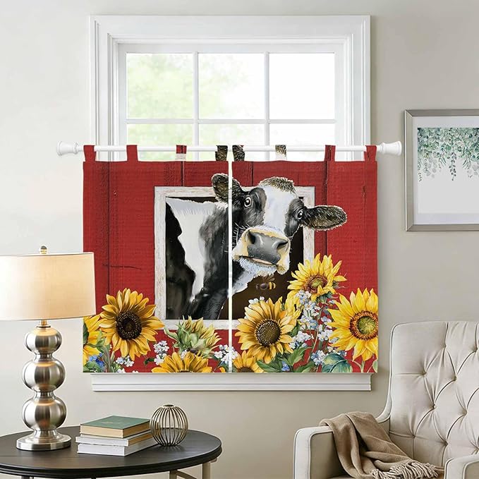 Cows Sunflowers Bedroom Curtains 63 Inch Length, Window Curtains Tab Top, Spring Botanical Floral Bees Red Barn Light Filtering Window Treatments Drapes 42"x63" 2 Panel