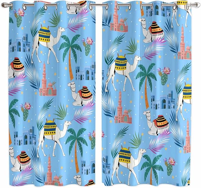 2 Panel Kitchen Cafe Curtains, Desert Landscape Sunlight Filtering Nature Air Through, Window Decor Tier Curtains for Living Room 104W x 84L inch Cute Camels Palm Trees Houses Leaves Blue