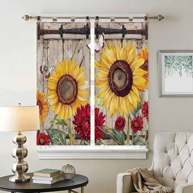 Sunflowers Bathroom Curtains 63 Inch Length, Window Curtains Tab Top, Retro Flower Barn Doors Butterfly Farmhouse Brown Light Filtering Window Treatments Drapes 52"x63" 2 Panel