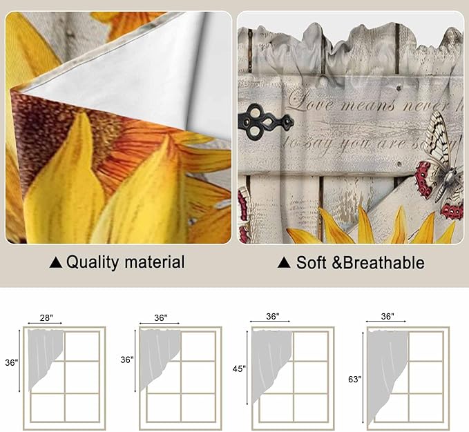 Red Yellow Sunflowers Swag Valances for Windows, Retro Rustic Barn Doors Butterfly Brown Rod Pocket Kitchen Curtains Valance, Small Window Curtains Swag for Cafe Living Room, 2 Panels, 28x36 inch
