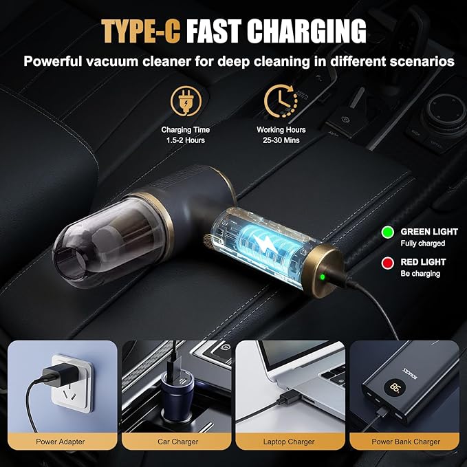 4-in-1 Cordless Car Vacuum Cleaner, 14000PA Powerful Handheld Vacuum with Air Duster & Inflator, Portable Rechargeable Vacuum for Car Pet Hair, Home, 4000mAh & Washable HEPA Filter