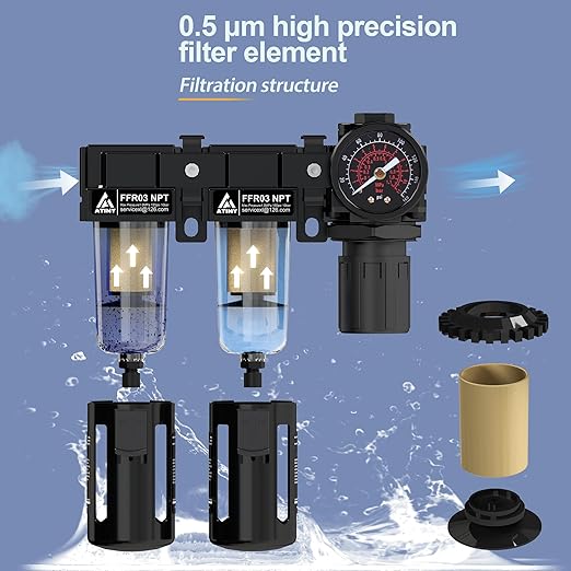 3/8" NPT Air Dryer System,Air Compressor Filter Dryer,5 and 5 Micron Filter Cartridge,Semi-Auto Drain, Metal Bracket