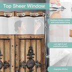 Wood Barn Door No Hook Shower Curtain with Snap in Liner Set, Waterproof Shower Curtains for Bathroom, Wooden Plank Fabric Shower Curtain, See Through Mesh Top Window, 72" W x 96" L