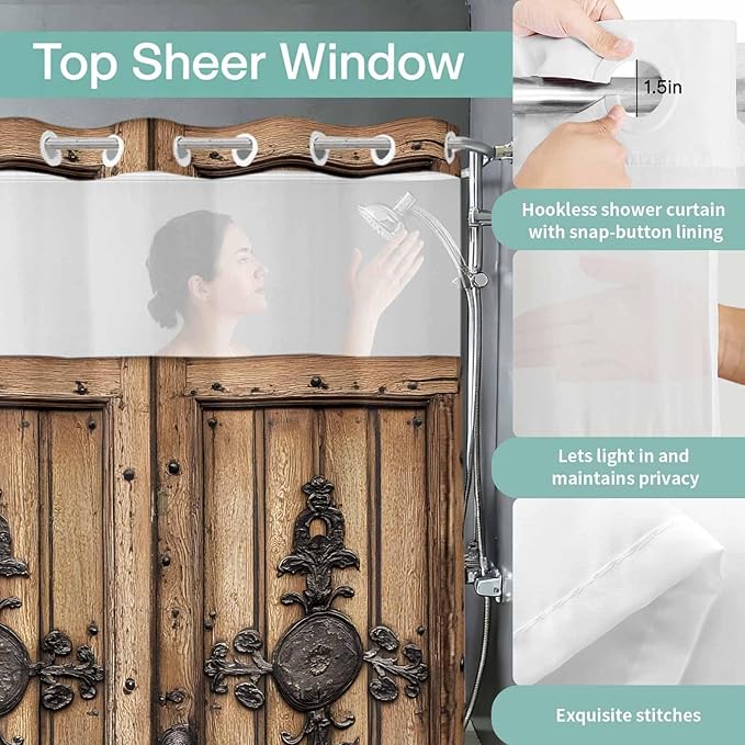 Wood Barn Door No Hook Shower Curtain with Snap in Liner Set, Waterproof Shower Curtains for Bathroom, Wooden Plank Fabric Shower Curtain, See Through Mesh Top Window, 72" W x 72" L