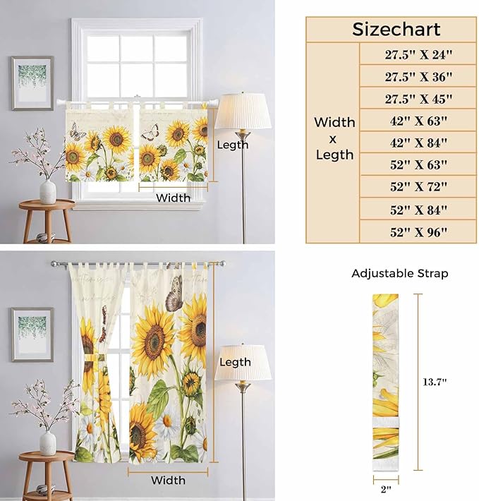 Farm Sunflowers Bedroom Curtains 63 Inch Length, Window Curtains Tab Top, Retro Flowers Butterfly Botanical Beige Light Filtering Window Treatments Drapes 42"x63" 2 Panel