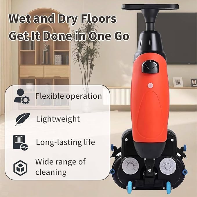 Rechargeable Floor Cleaner and Wet Dry Floor Machine, 17" Commercial Floor Scrubber, Dual-Brush Heads, Cordless Electric Floor Mop Cleaning Capacity 13000 Sqft/H, for Villa Hospital Office Red