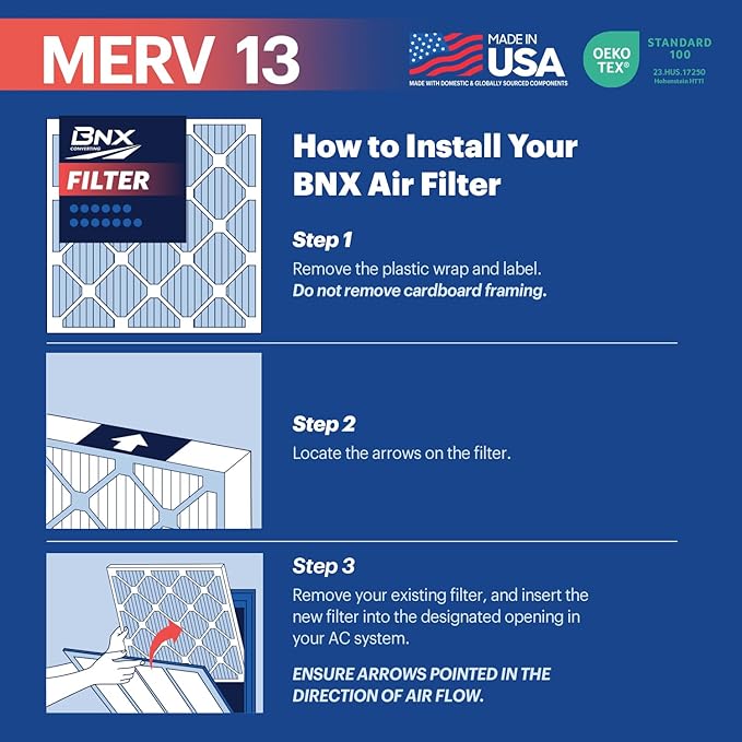 BNX TruFilter 16x25x1 MERV 13 (12-Pack) AC Furnace Air Filter - MADE IN USA - Electrostatic Pleated Air Conditioner HVAC AC Furnace Filters - Removes Pollen, Mold, Bacteria, Smoke
