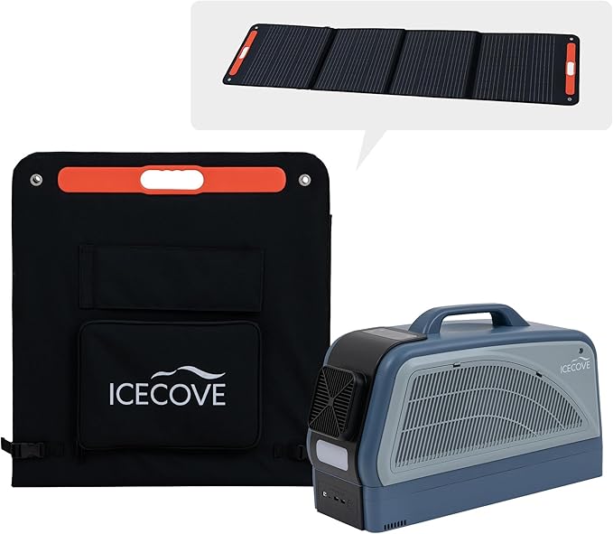 IceCove Portable Air Conditioner with Add-on Battery & Solar Panel, 2500BTU AC Unit, 250W Low Power Consumption, 25.5VDC, 2 Fan Speed, 3 Light Mode for Tent Camping RV Truck Van Life Home, Blue