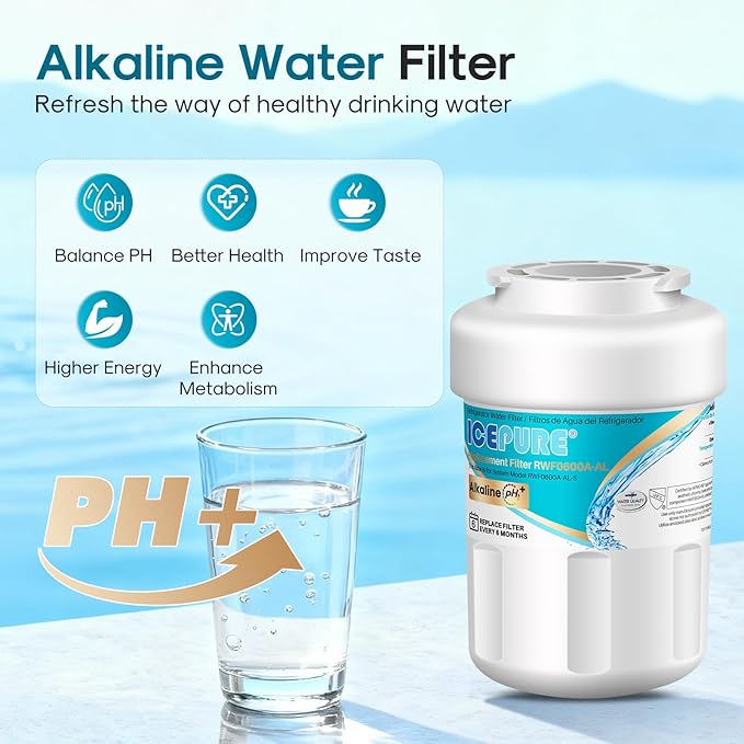ICEPURE Alkaline RWF0600A-AL Refrigerator Water Filter Replacement for GE MWF, MWFA, MWFINT, MWFP, GWF, 46-9991, Kenmore® 9991, WFC1201, GSE25GSHECSS, GSH25JSDDSS, GSHS6LGBBHSS, Enhances PH, 4Pack