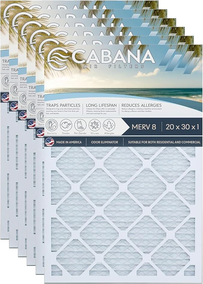 Cabana Filters 6-Pack 20x30x1 MERV 8 AC Furnace Air Filter for Home and Office - Indoor HVAC System Filtration Replacement, Captures Unwanted Particles