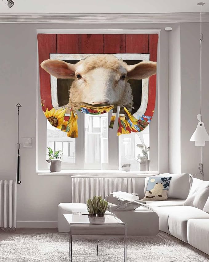 Tie Up Curtains for Windows, Sheep Sunflower Adjustable Balloon Nature Linen Textured Kitchen Curtain, Country Red Farm Barn Spring Flowers Tie Up Light Filtering Curtains for Decor, 34 x 45 In