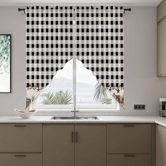 Swag Curtain Valances for Kitchen Windows,Farm Wooden House Black Buffalo Plaid Short Rod Pocket Window Valance,Western Star Swag Topper for Bedroom Living Room,2 Panels 36x36in