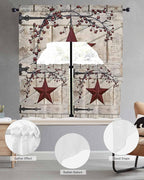 Village Stars Swag Kitchen Curtains Valance and Tier Set, Vintage Dark Red Star Berry Beige Barn Doors Light-Filtering Swag Valance 24 Inch Length, Rod Pocket Short Curtain for Bedroom Cafe