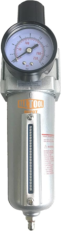 1/2" NPT HEAVY DUTY Compressed Air In Line Filter Regulator Combo Piggyback, Metal Bowl, 5 Micron Element, Adjustable From 7 to 215 PSI (MANUAL DRAIN)