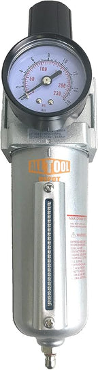 1/2" NPT HEAVY DUTY Compressed Air In Line Filter Regulator Combo Piggyback, Metal Bowl, 5 Micron Element, Adjustable From 7 to 215 PSI (MANUAL DRAIN)