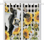 Retro Sunflowers Living Room Curtains 84 Inch Length, Window Curtains Tab Top, Farmhouse Floral Cow Butterfly Black Plaid Light Filtering Window Treatments Drapes 42"x84" 2 Panel