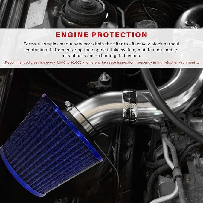 Sun Walker Clamp-on Air Intake Filter, 3/3.5/4 Inch High Flow Round Tapered Air Filter for Enhanced Engine Power, Washable & Reusable Cone Filters Replacement for Car Truck Motorcycle (Blue)