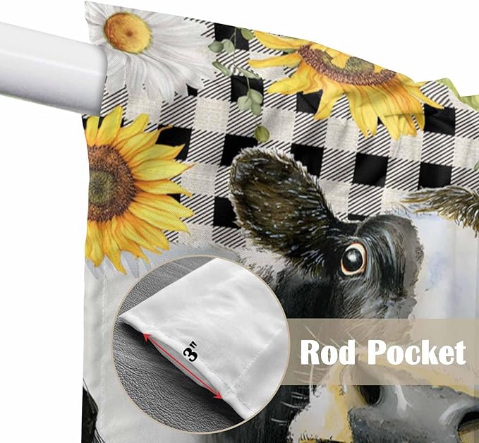 Retro Sunflowers Swag Valances for Windows, Farmhouse Floral Cow Butterfly Black Plaid Rod Pocket Kitchen Curtains Valance, Kitchen Window Curtains Swag for Cafe Living Room, 2 Panels, 36x63 inch